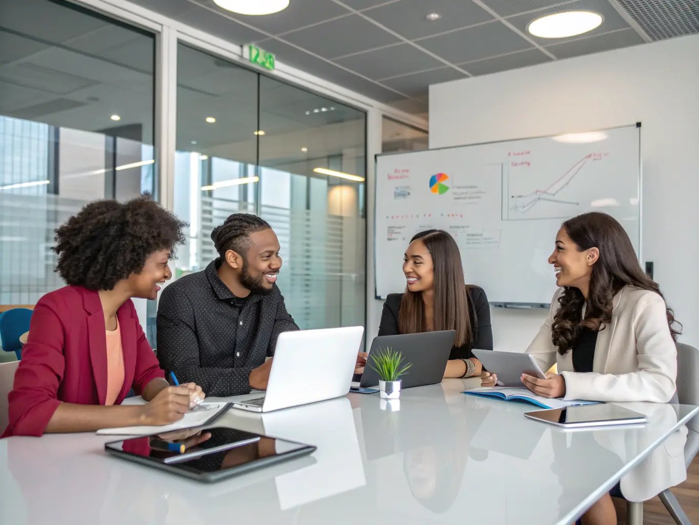A photograph of a diverse group of business professionals participating in a workshop, brainstorming ideas on a whiteboard, symbolizing collaborative problem-solving and strategic planning.