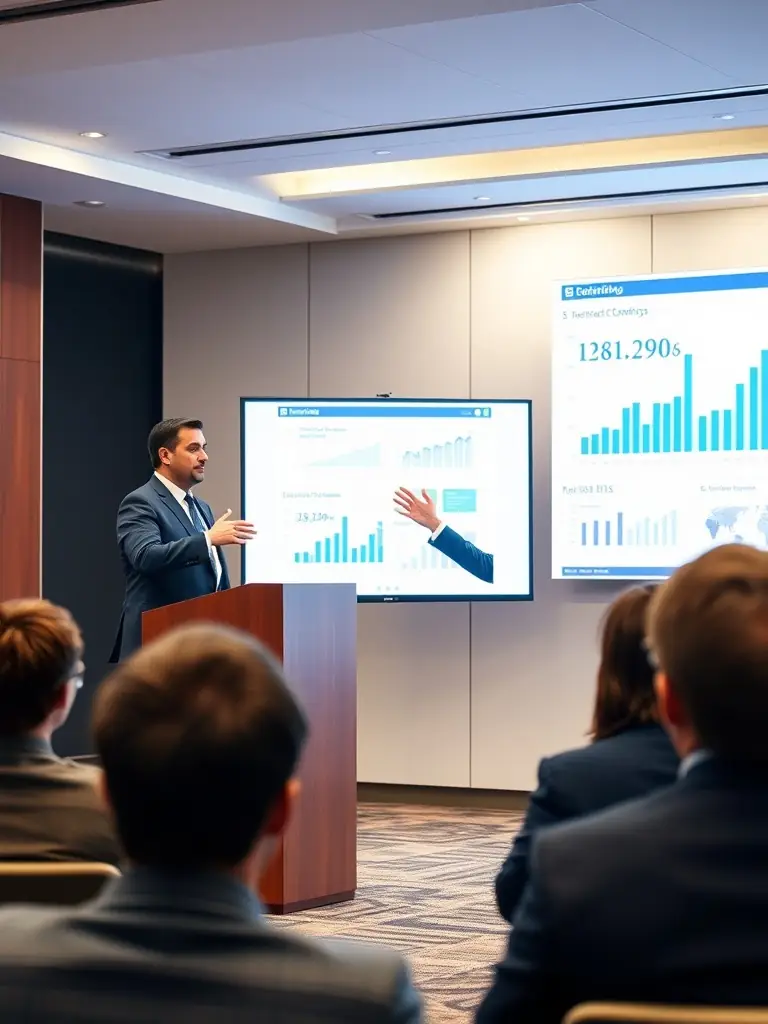 A business leader confidently presenting to a group, showcasing strong leadership qualities and inspiring their team, reflecting leadership development.