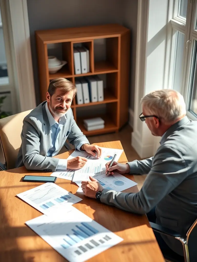 A business coach providing one-on-one guidance to a UK entrepreneur, discussing business challenges and developing personalized solutions for growth.