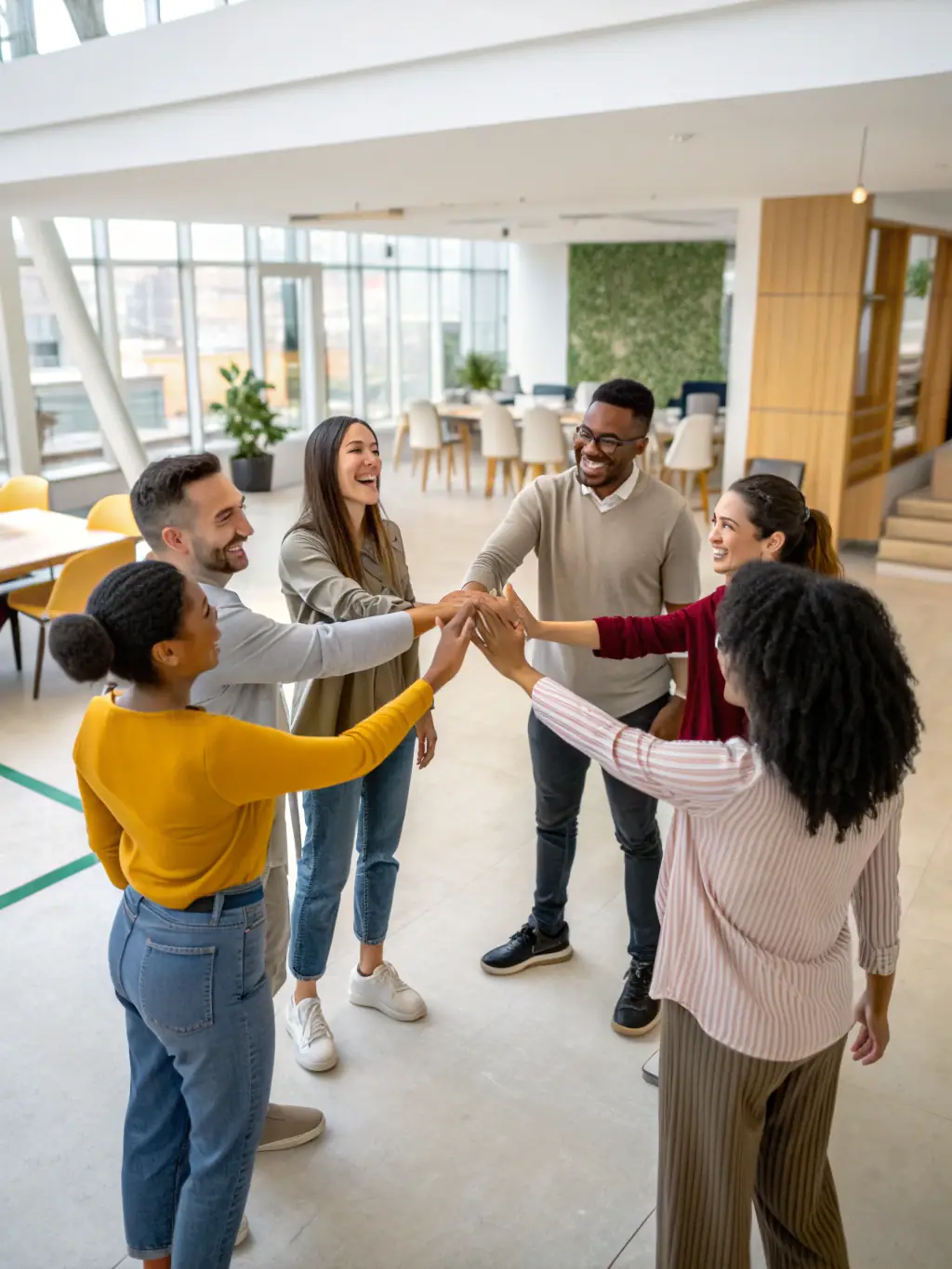 A diverse team of UK employees participating in a team-building exercise, fostering collaboration and improving communication within the workplace.